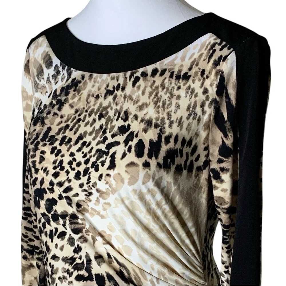Chico's Animal Print Colorblock Midi Dress S Ruched Stretch Office Casual Travel